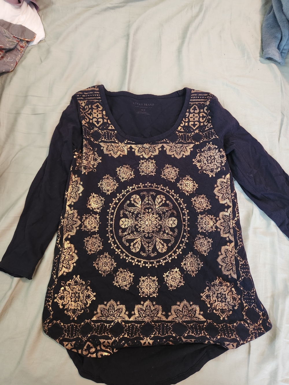 Lucky Brand Navy Blue Long-Sleeve Top with Gold Medallion Print